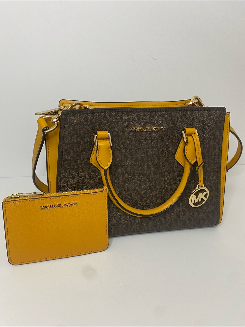 Michael Kors Brown Monogram Satchel with Yellow Trim and Wallet